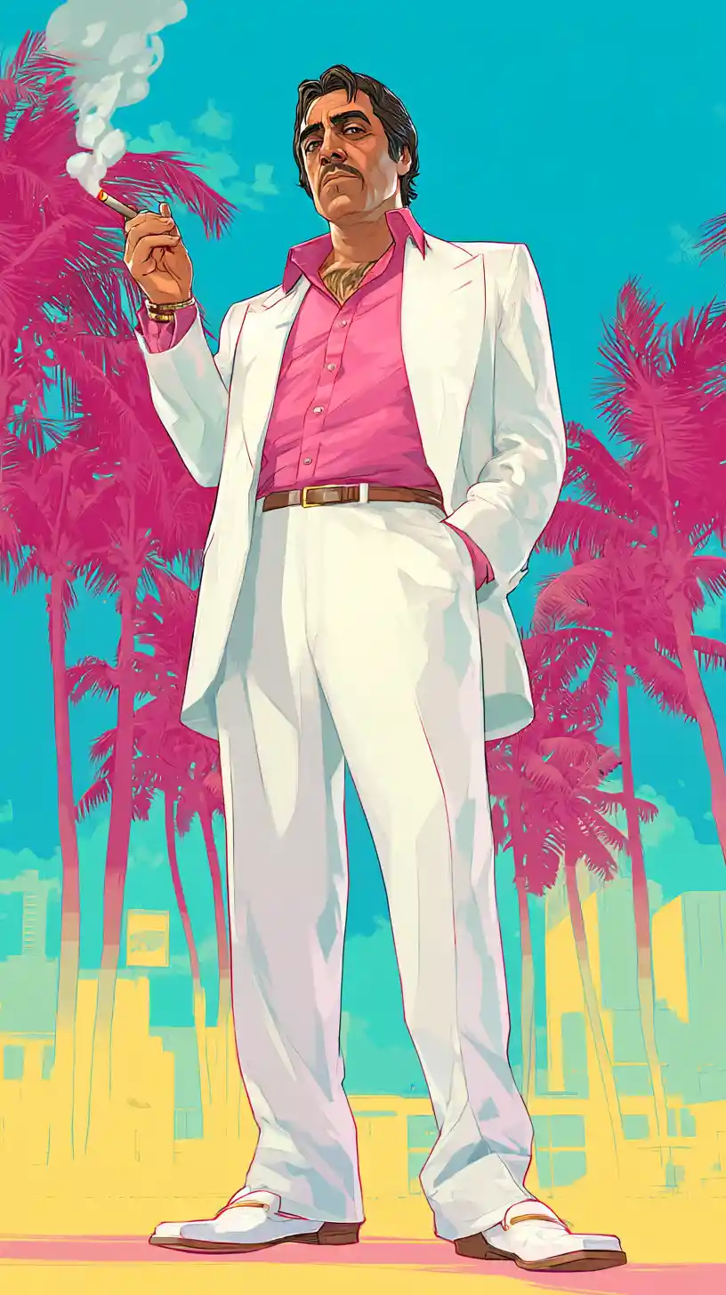 Stylized man in white suit in vibrant Miami street