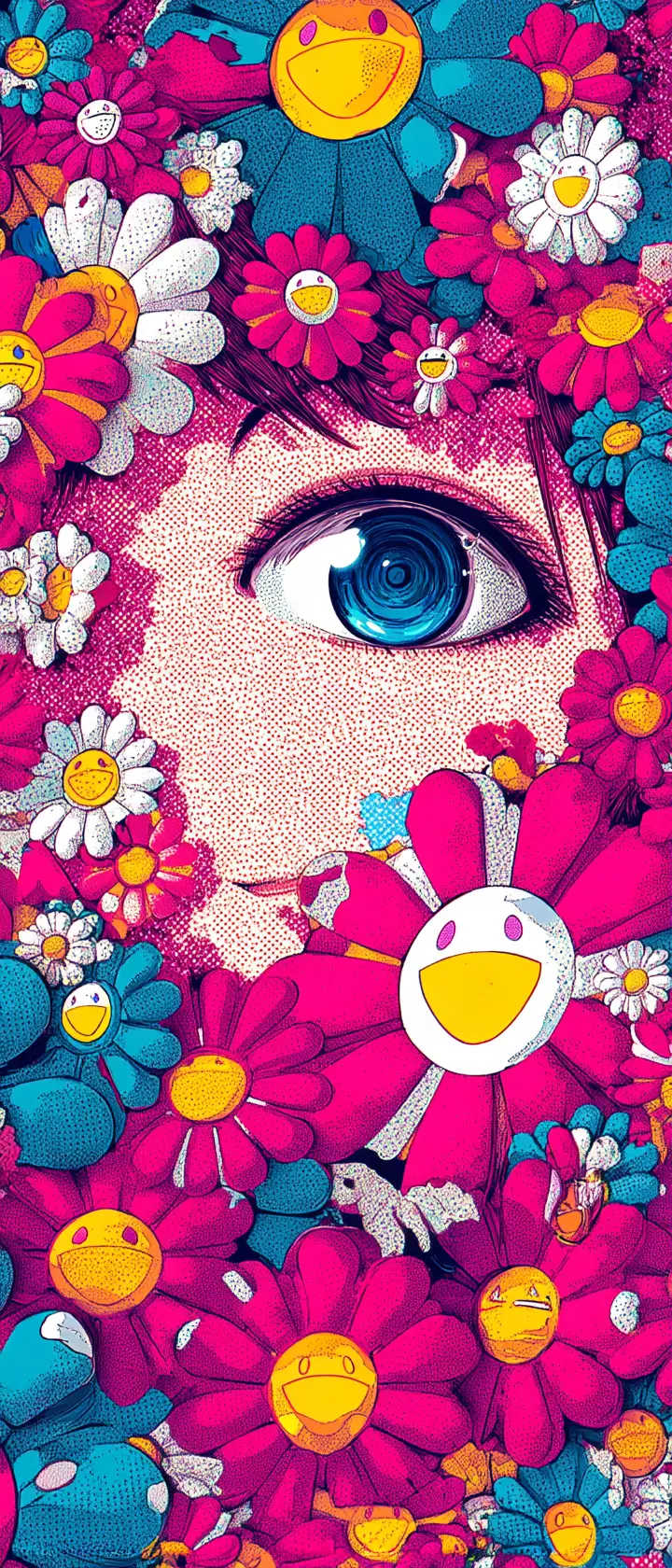 Anime-Mädchen, das sich in wirbelnde lächelnde Blumen auflöst