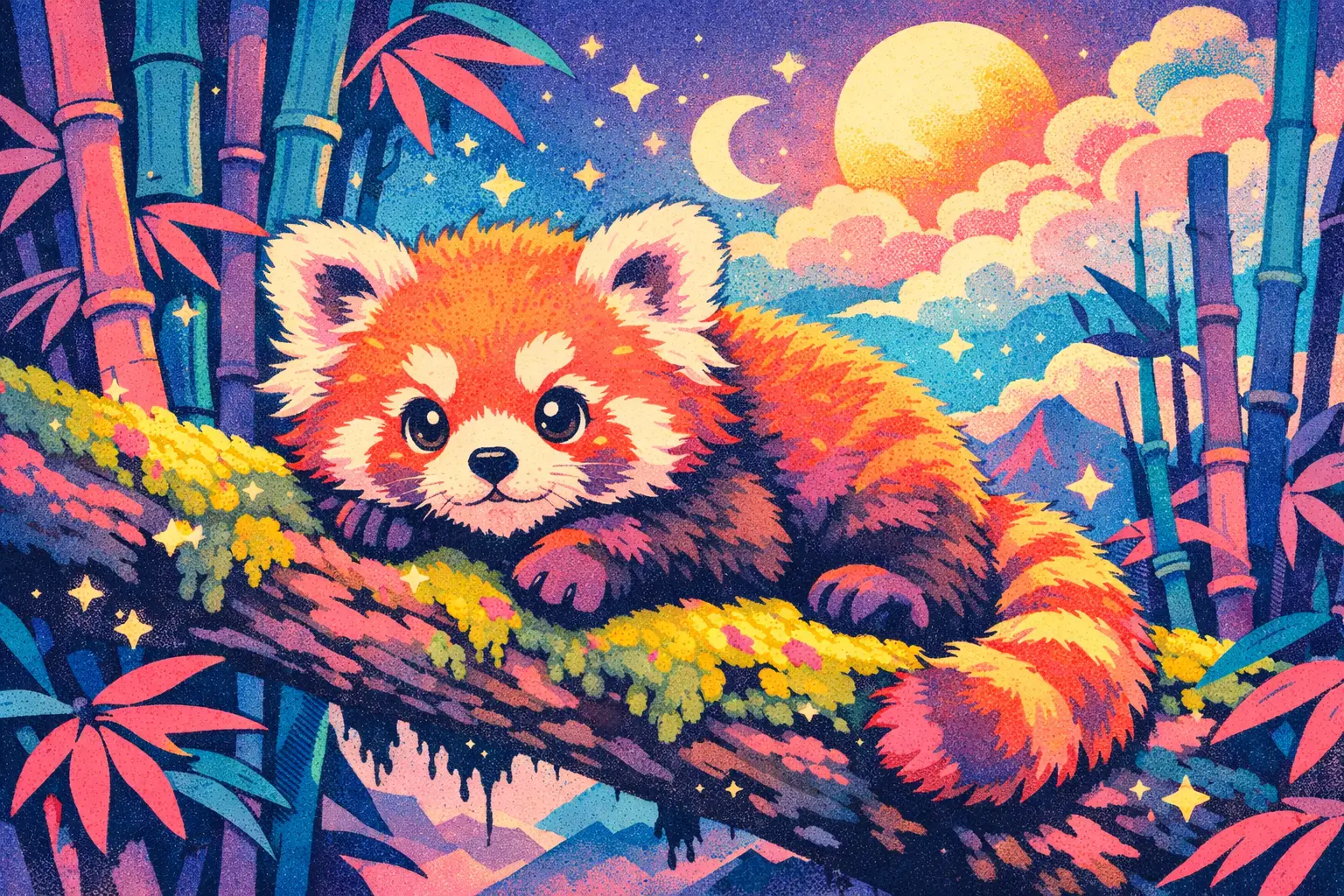 Curious baby red panda resting on mossy branch