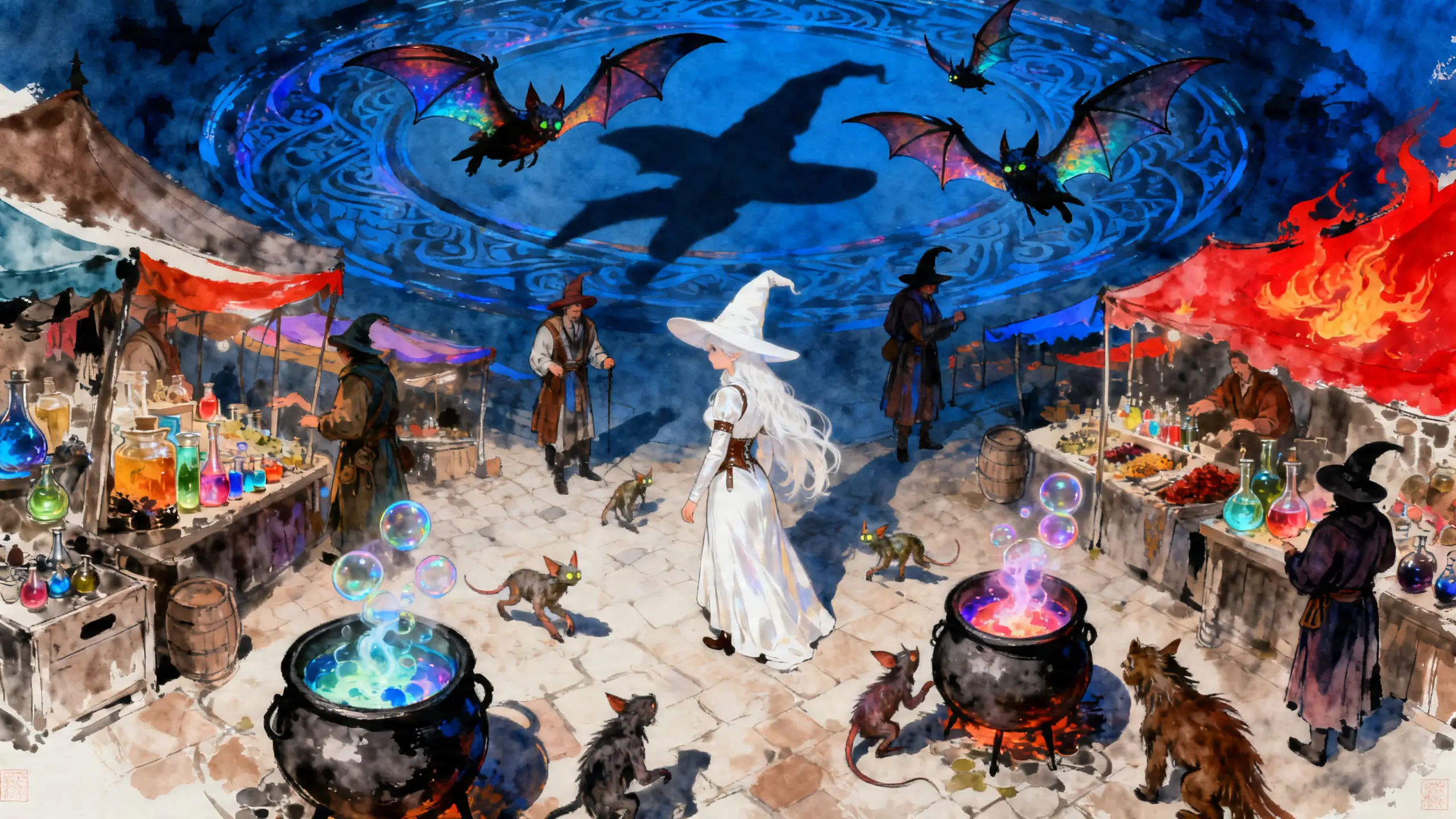 White witch walking through a bustling magical market