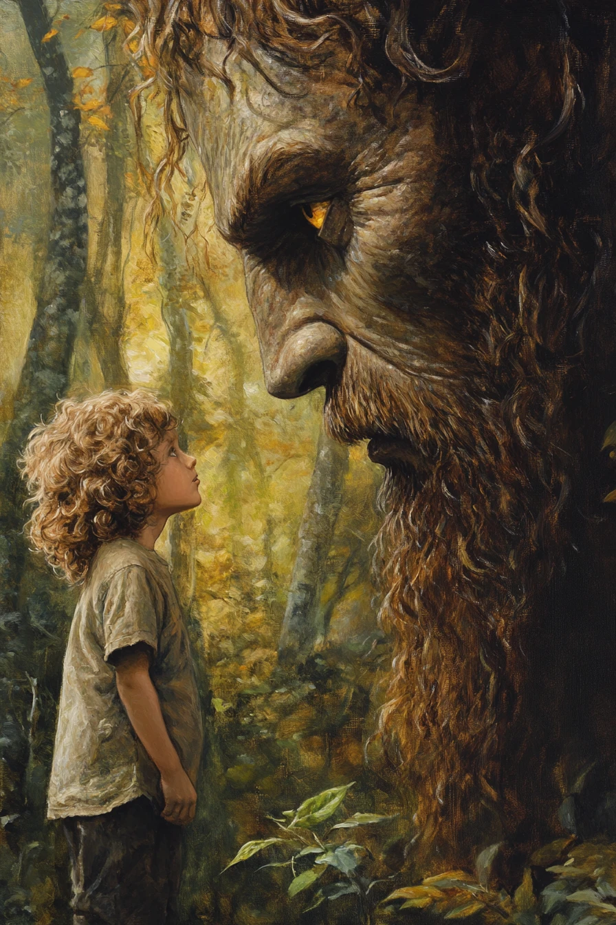 Young boy facing a gentle giant in a quiet forest