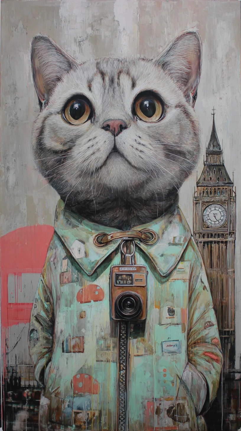 Gray cat taking a selfie by big ben in the rain