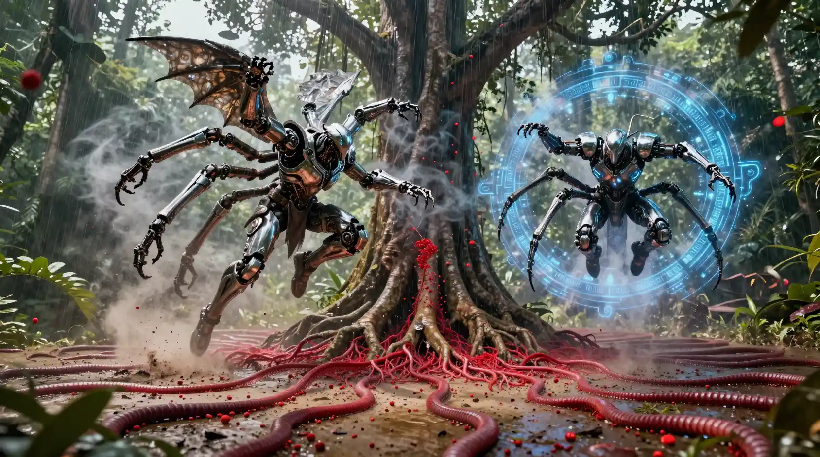 Armored warriors racing through a storm above the rainforest