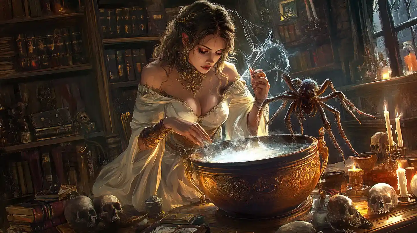 Ancient sorceress conjuring beside a cauldron in dark chamber