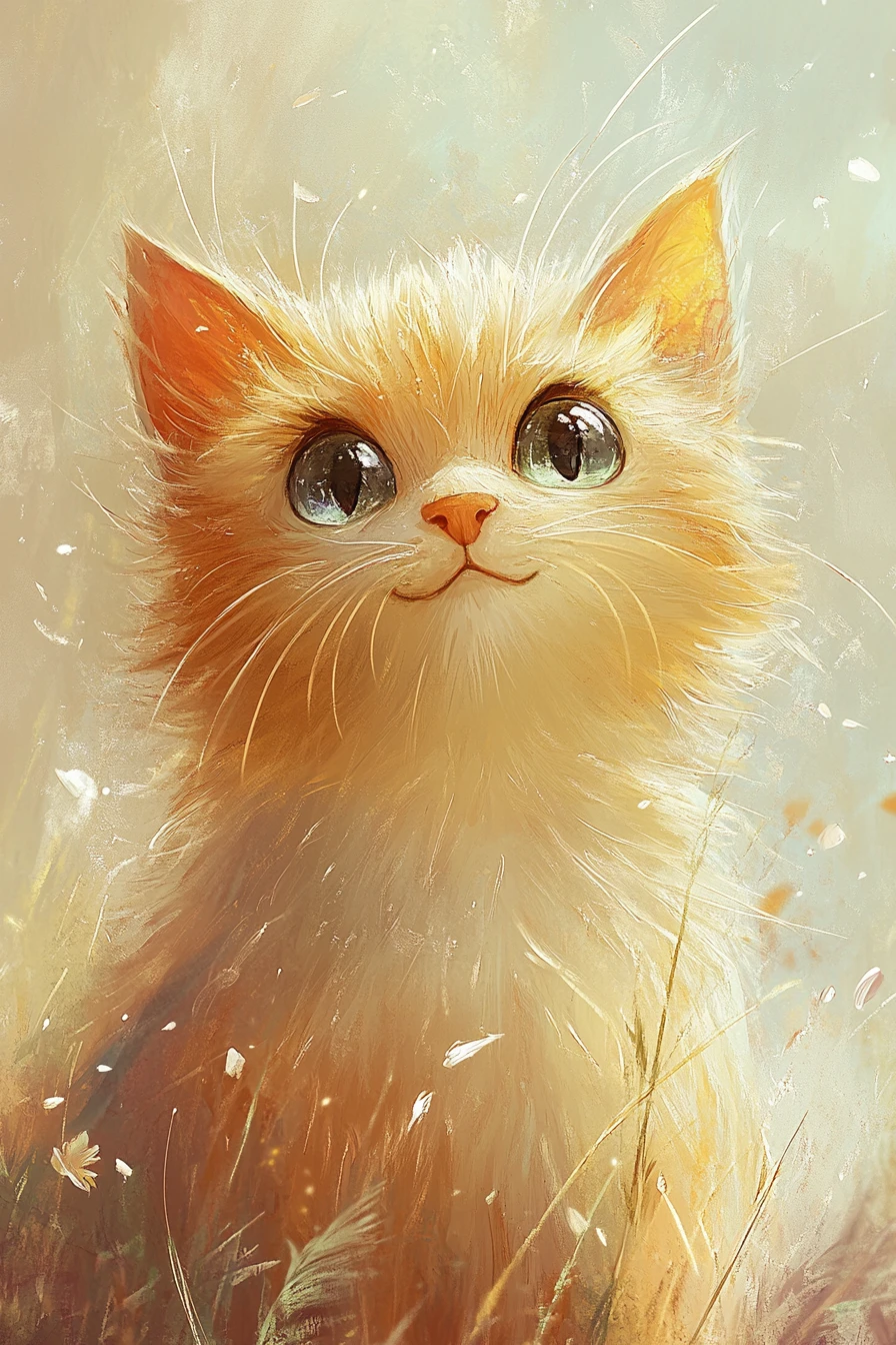 Whimsical close up cat with bright round eyes