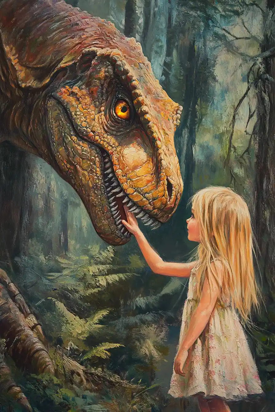 Kleines Mädchen berührt einen T-Rex im sonnenbeschienenen Wald