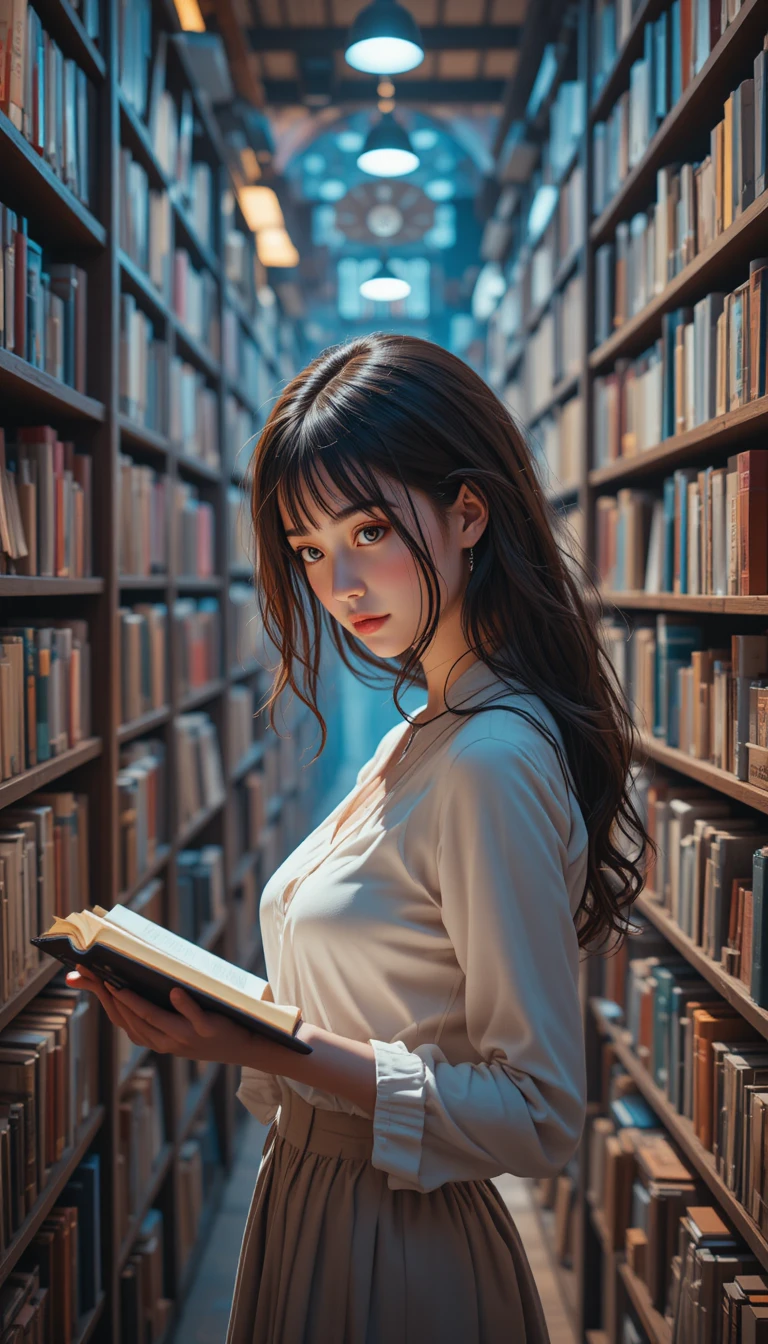 Giovane donna che legge in una libreria con drammatica luce laterale