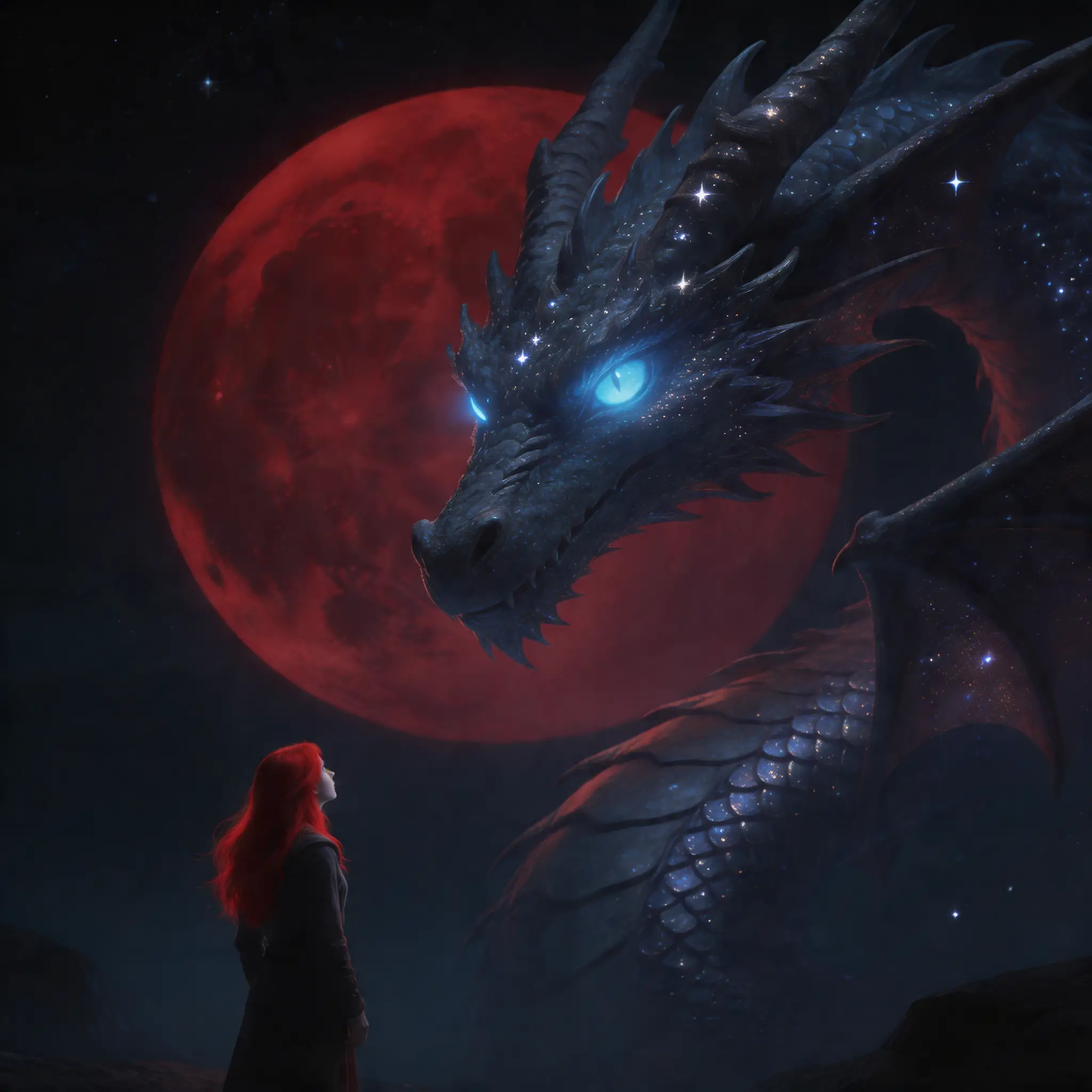 Lonely figure before an ethereal dragon under blood moon