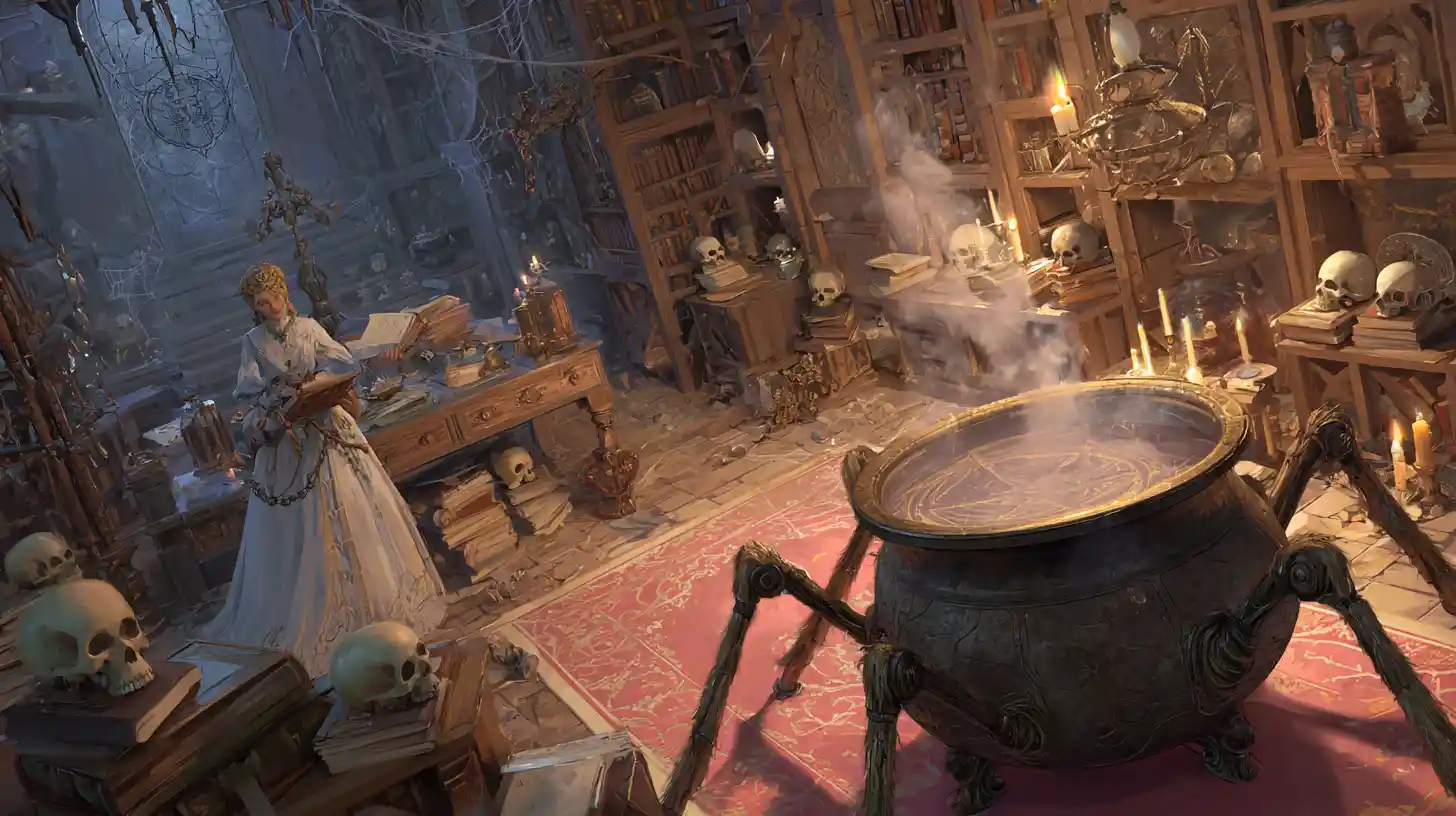 Ancient sorceress conjuring beside a cauldron in dark chamber