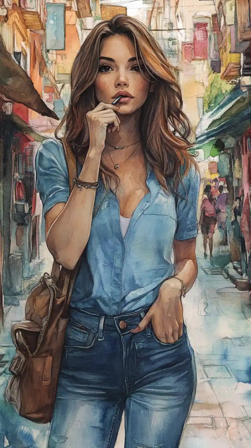 Woman in blue shirt thinking on a busy city street