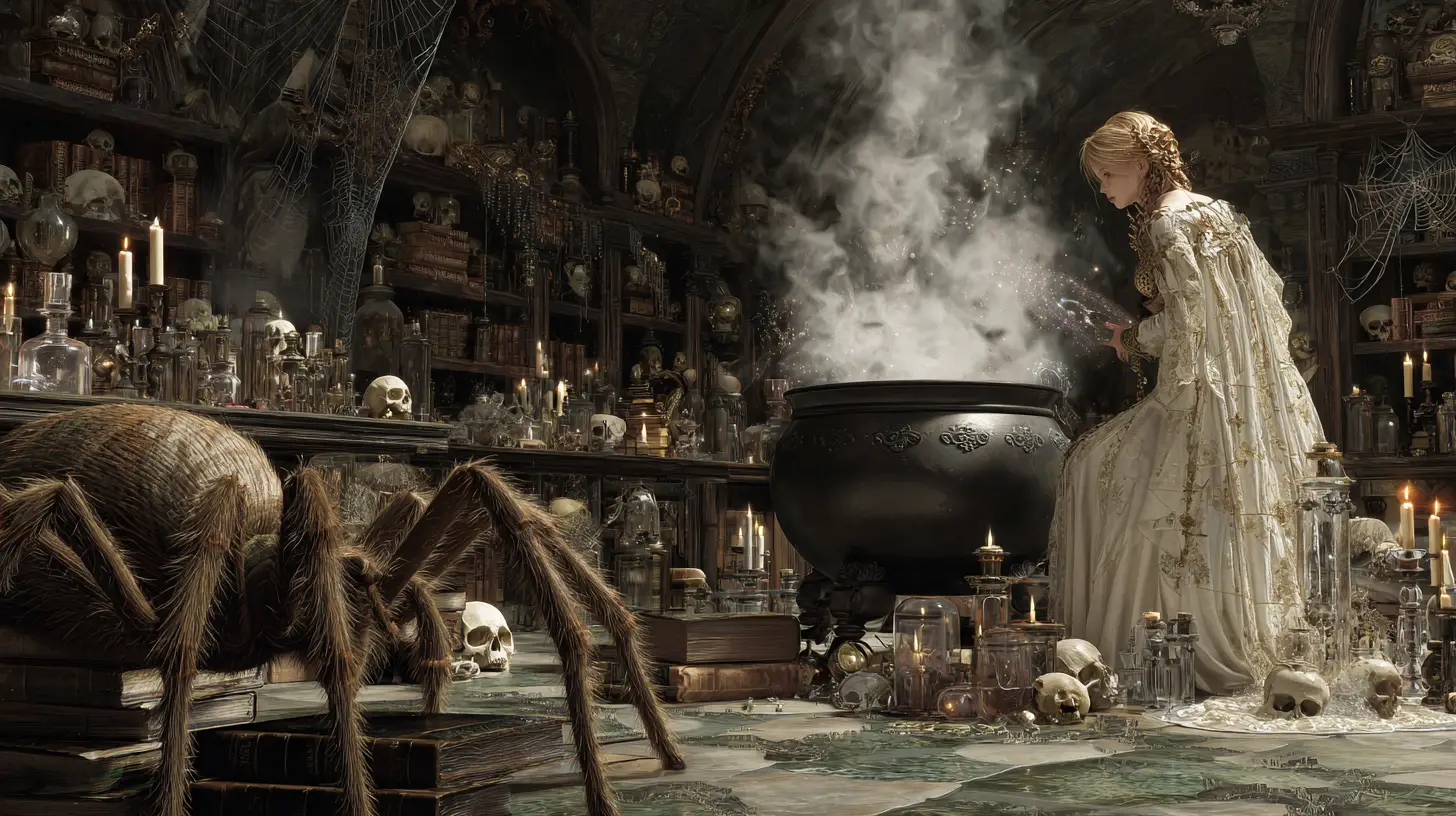 Ancient sorceress conjuring magic beside a giant spider