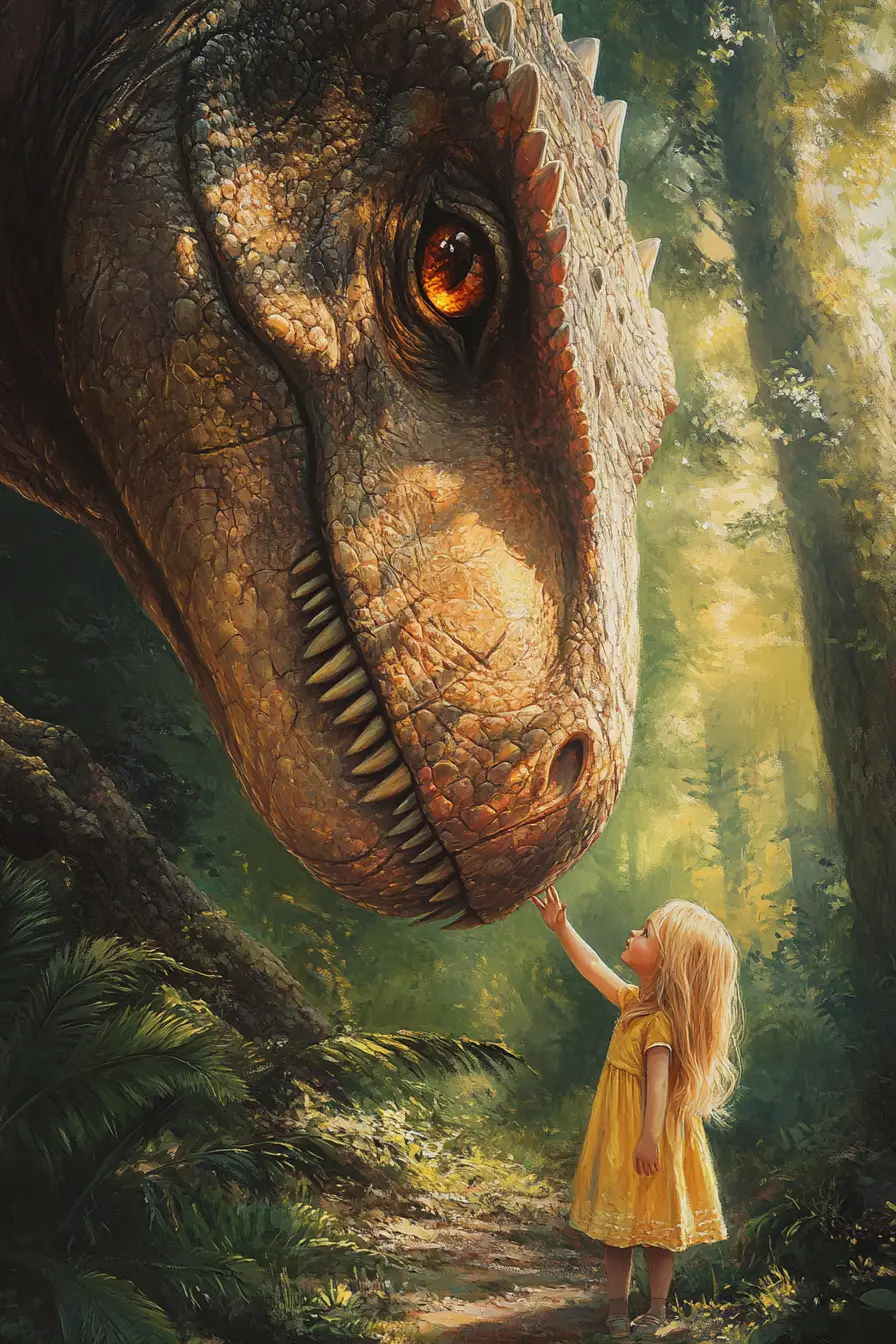 Young girl touching a t rex in a sunlit forest