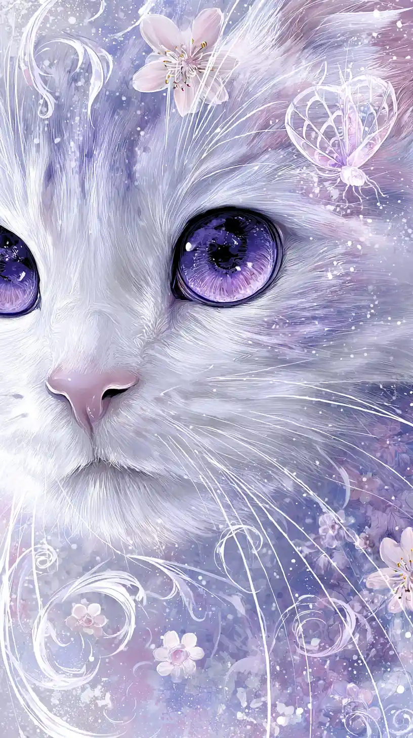 Whimsical nekomata close up with violet eyes and blossoms