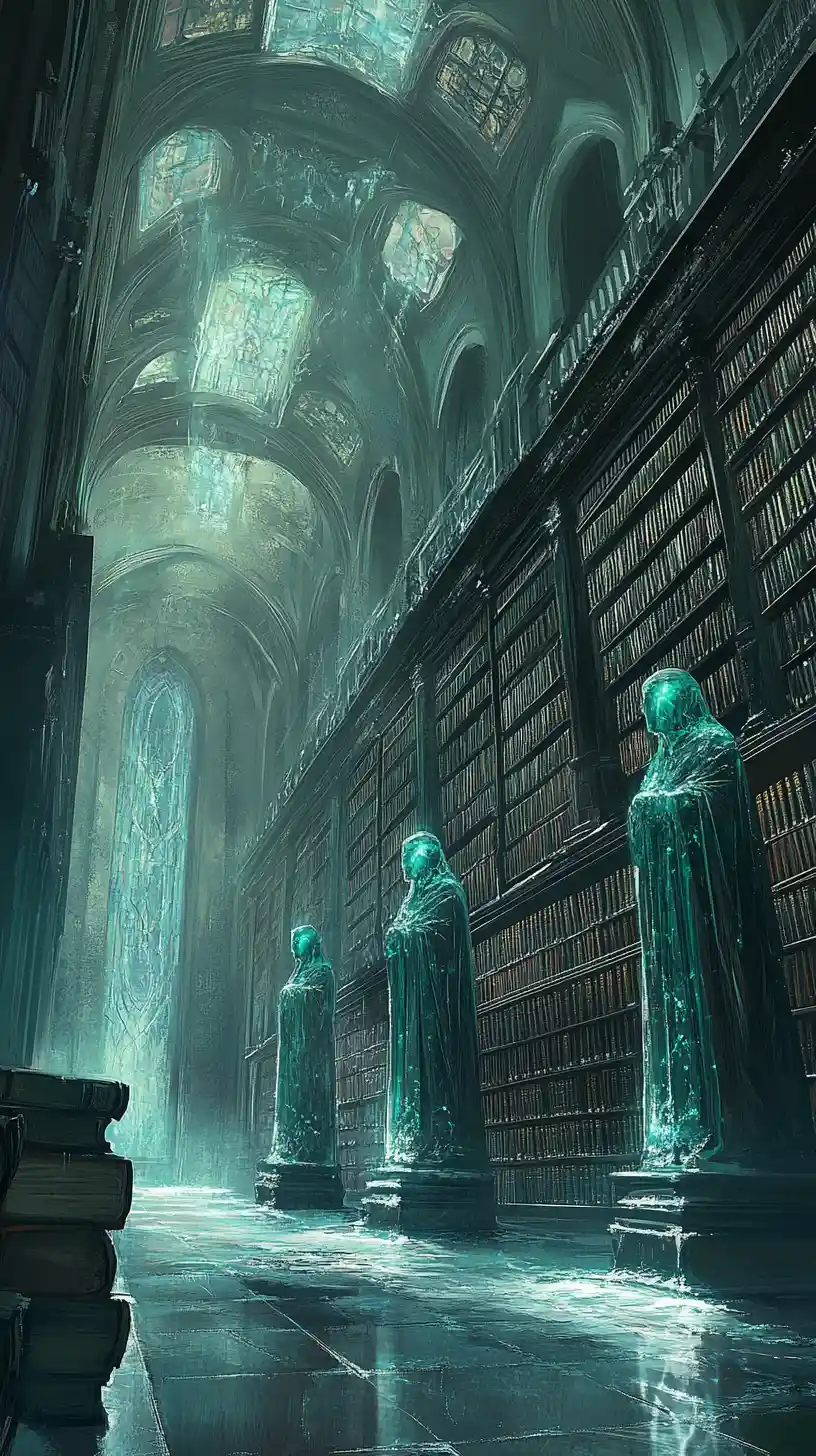 Mystical frozen library with glowing crystal guardians