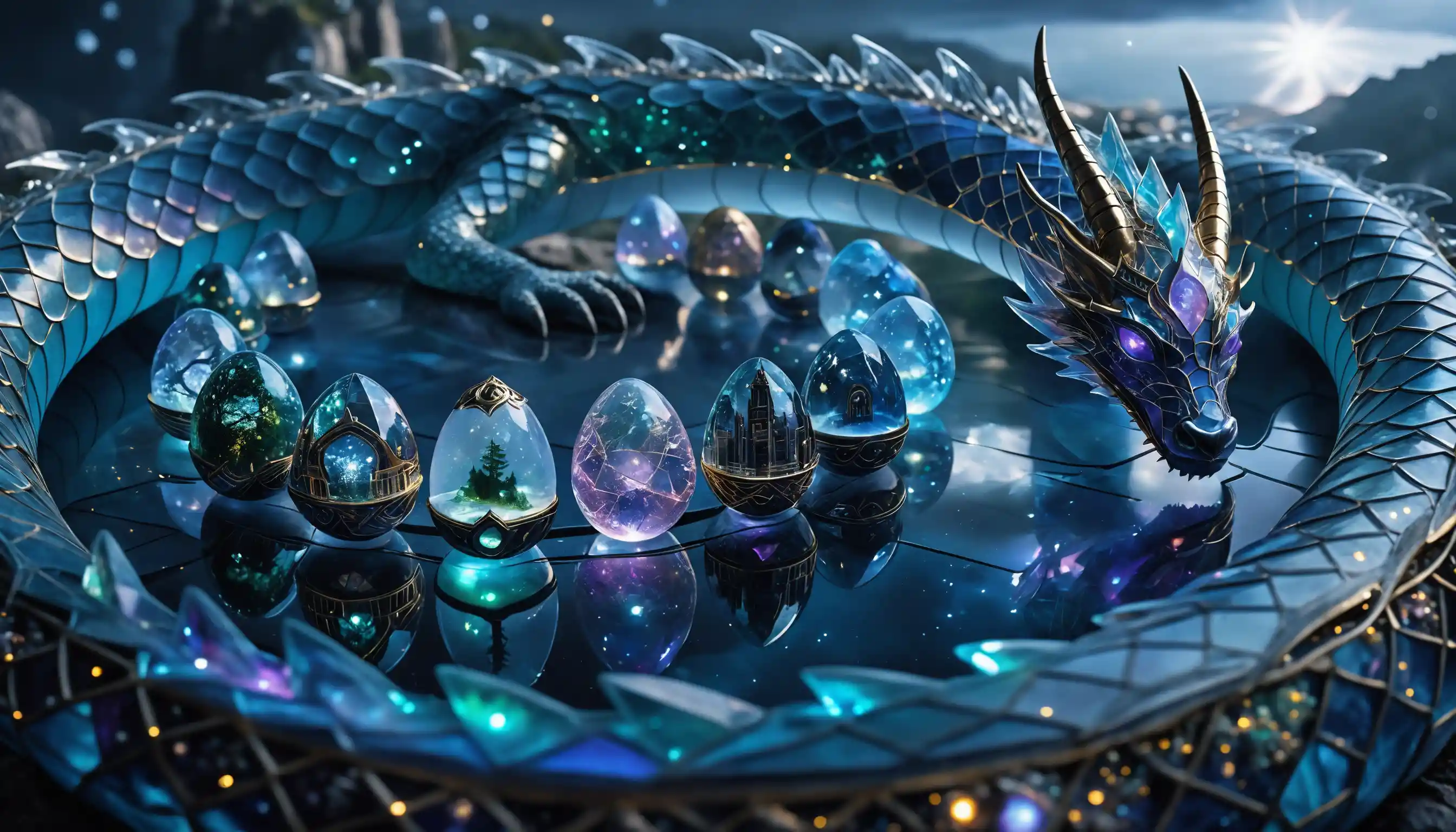 Cosmic crystal dragon guarding luminous multiverse eggs
