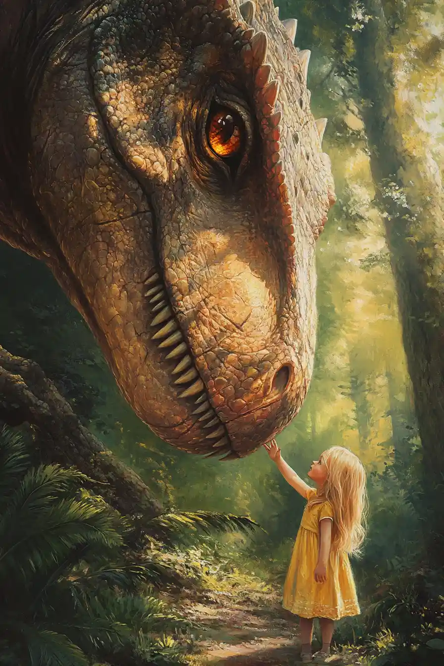 Young girl touching a t rex in a sunlit forest