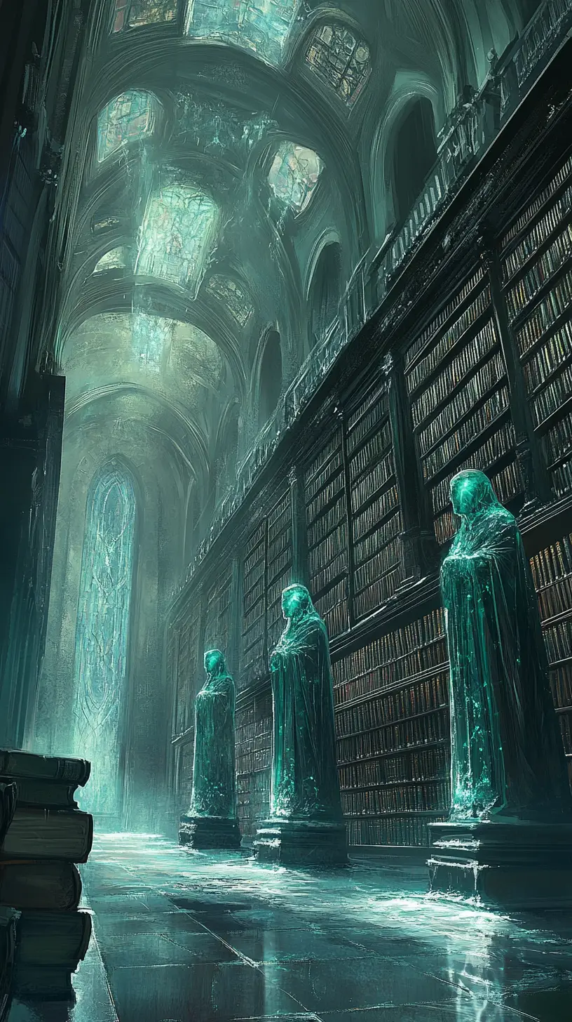 Mystical frozen library with glowing crystal guardians