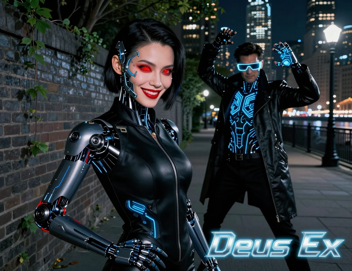 Female cyborg with neon eye in futuristic city night