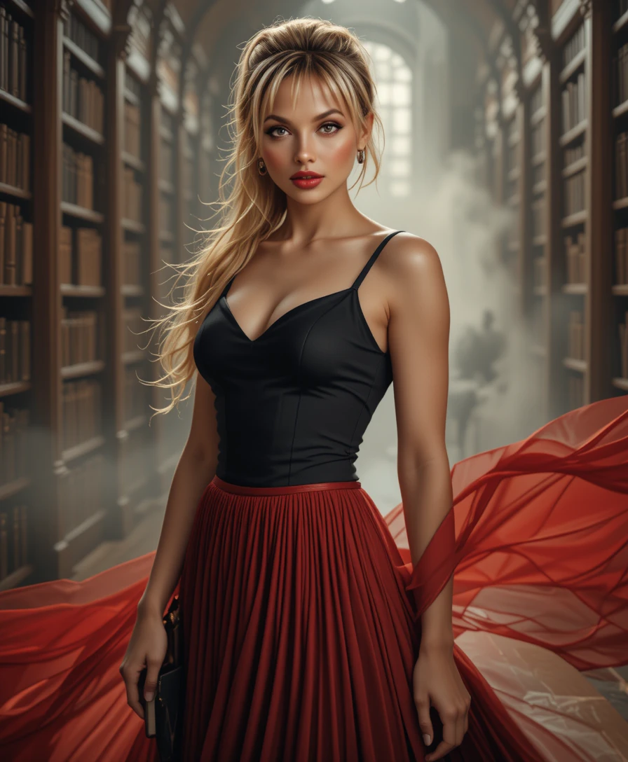 Elegant blonde woman in red skirt in cinematic library scene