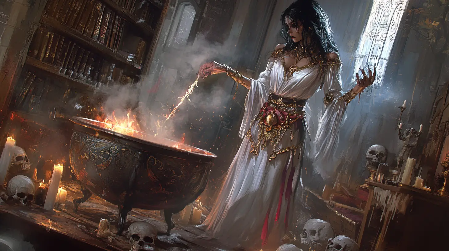 Ancient sorceress conjuring magic beside a giant spider