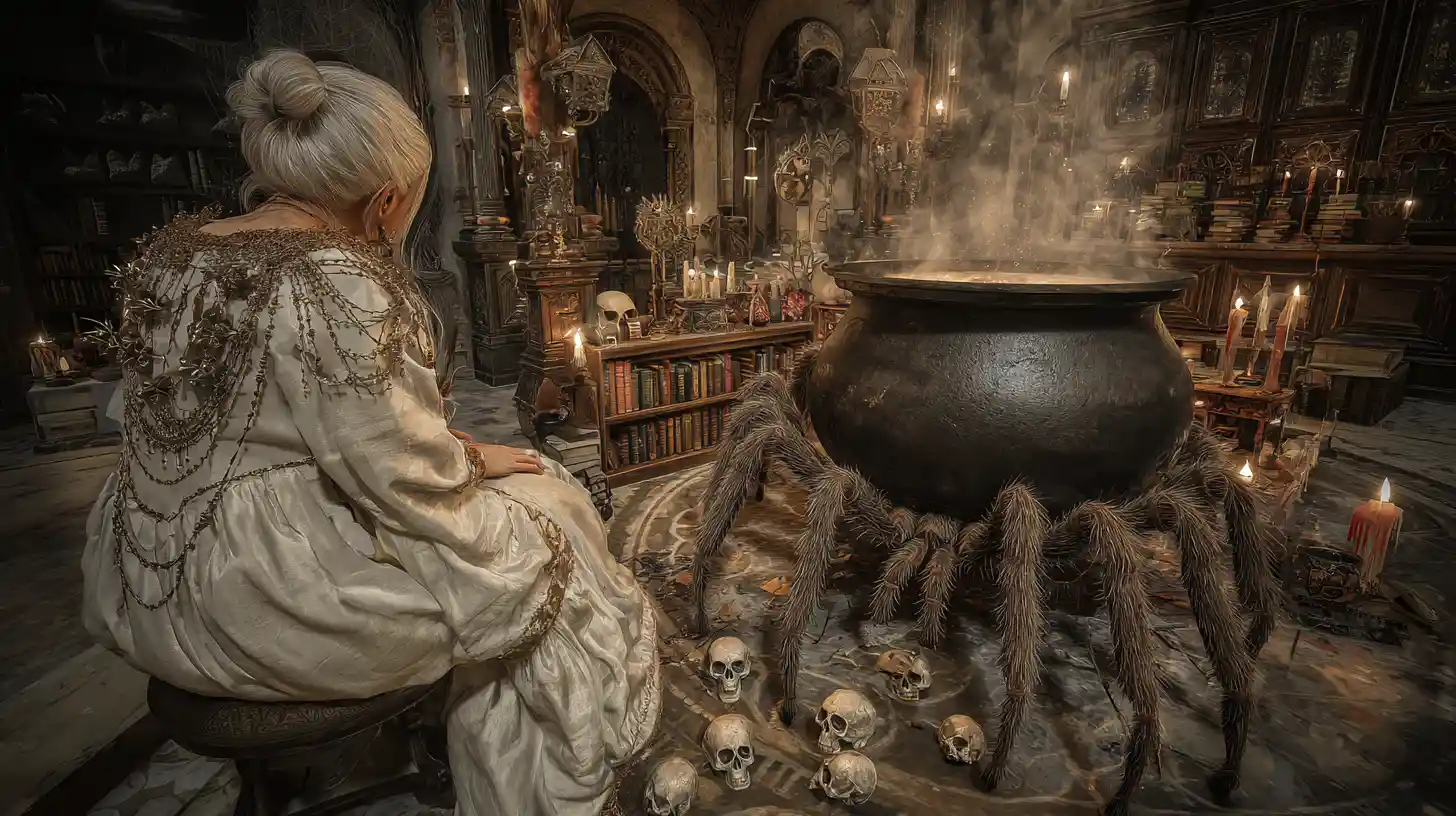 Ancient sorceress conjuring runes beside a giant spider