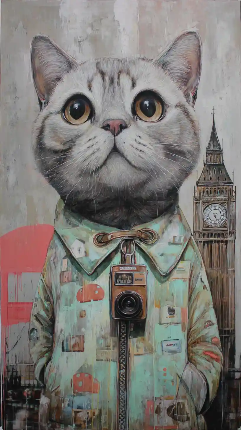 Gray cat taking a selfie by big ben in the rain