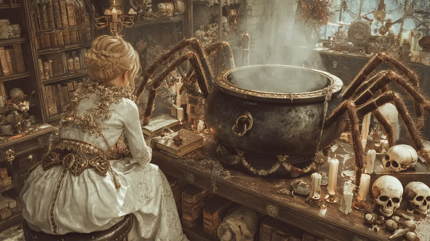 Ancient sorceress summoning magic beside a smoking cauldron