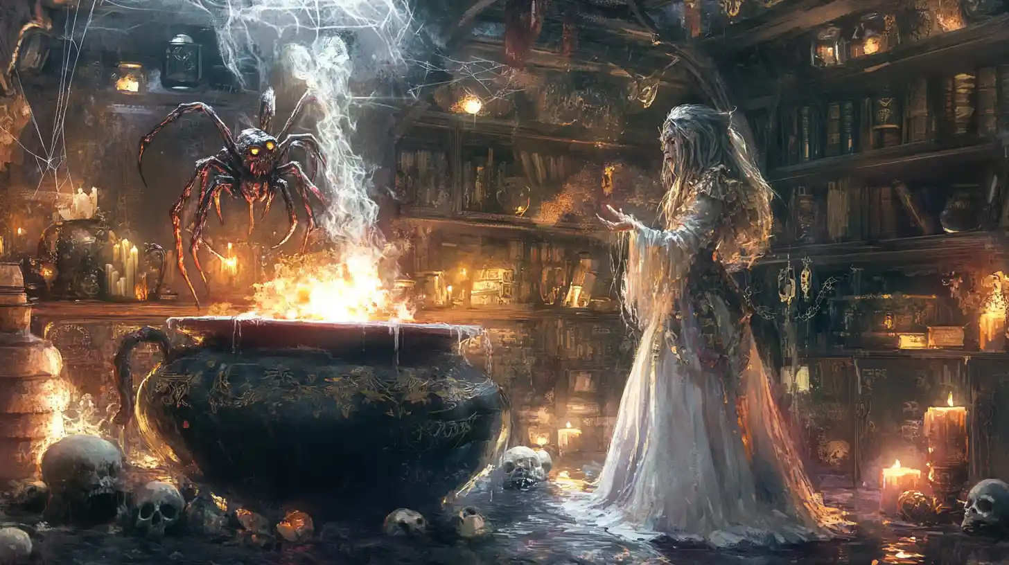 Ancient sorceress conjuring dark magic beside a vast cauldron