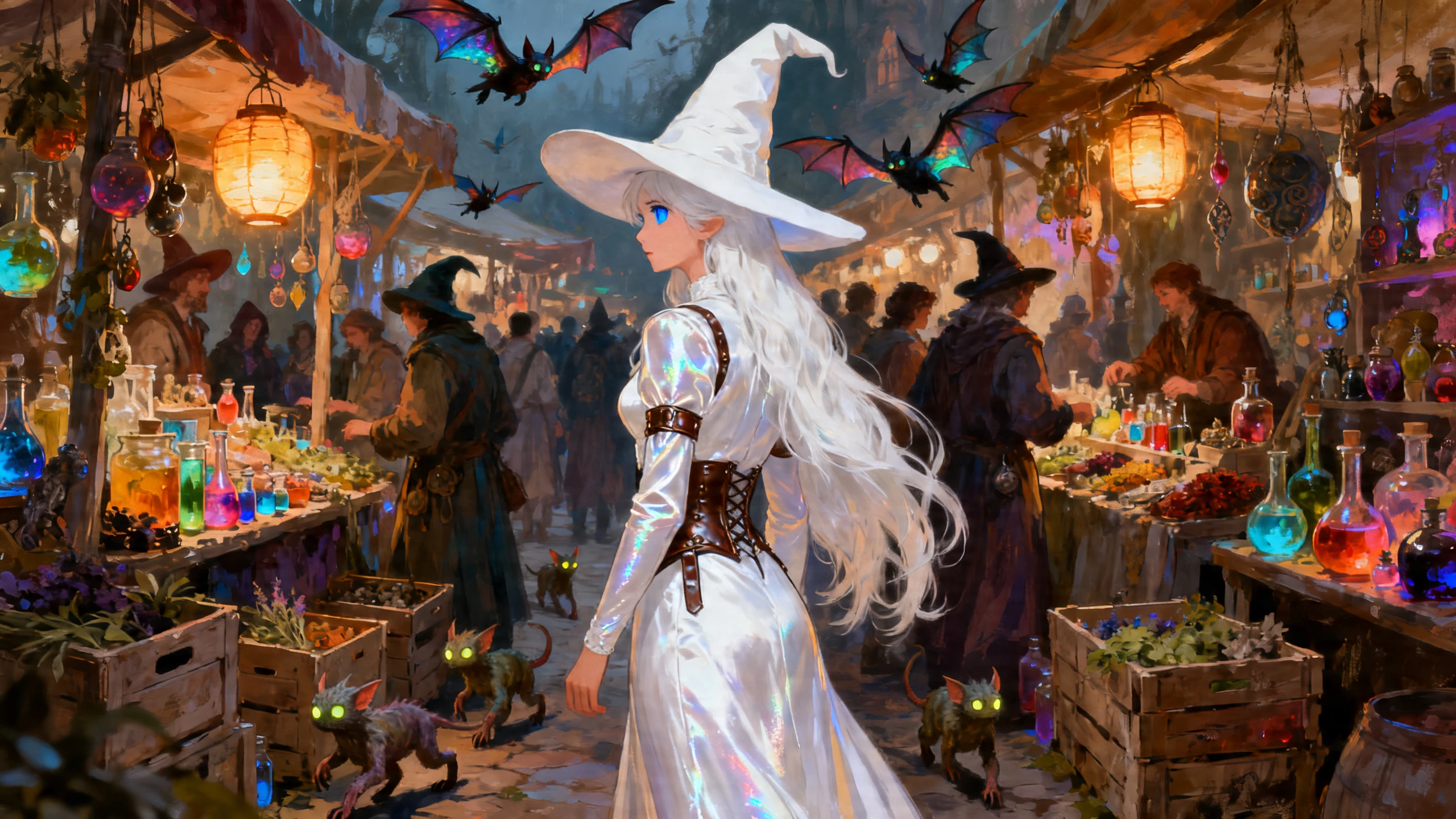 Strega bianca che cammina in un vivace mercato fantasy