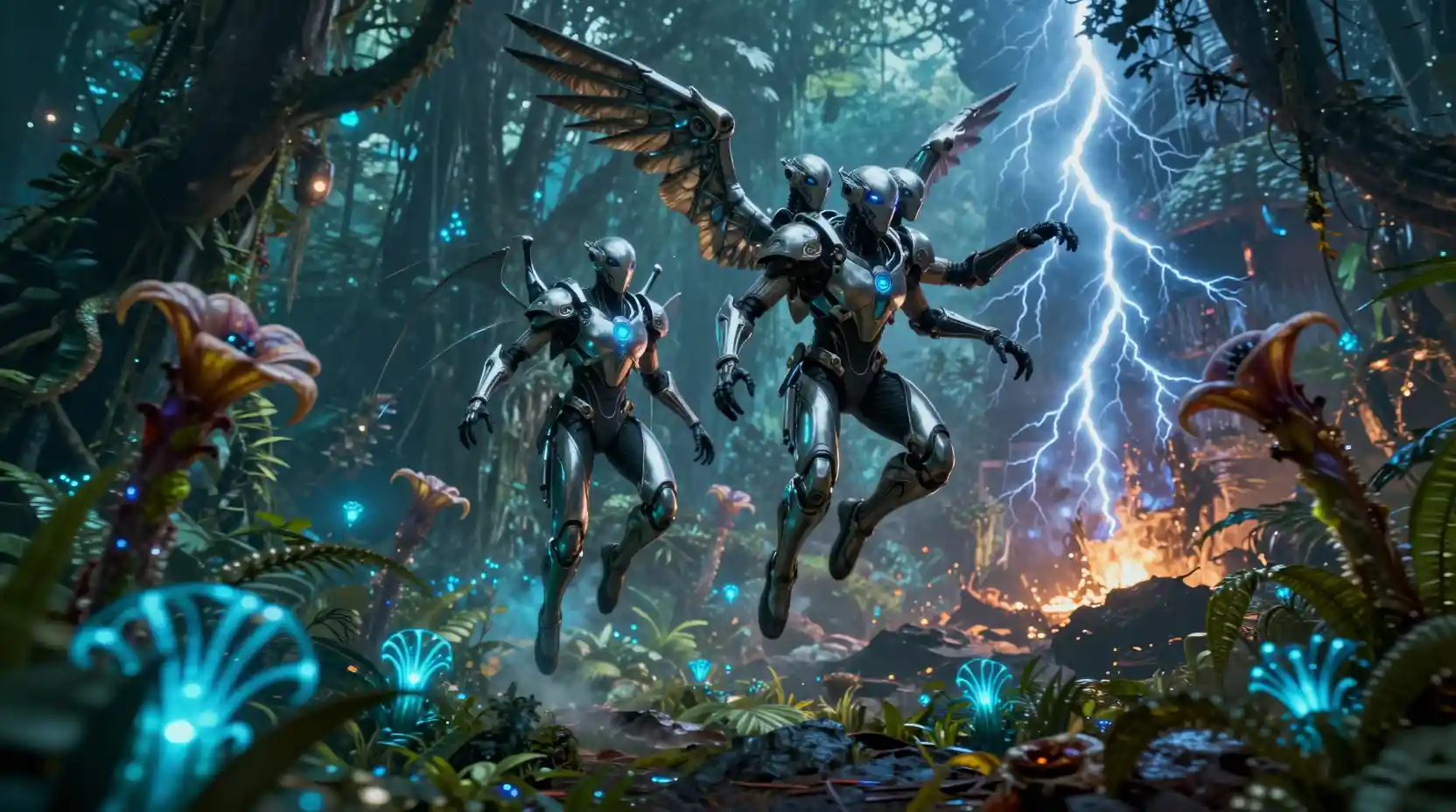 Armored figures leap through bioluminescent jungle nightscape