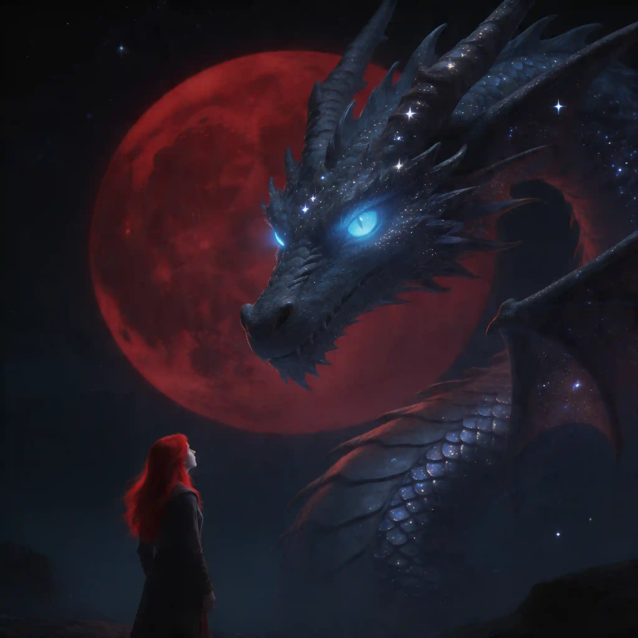 血の月の下、幽玄なドラゴンと対峙する孤独な人物