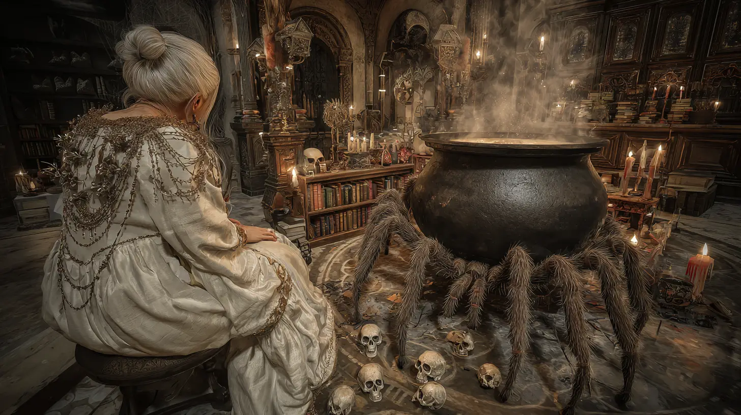 Ancient sorceress conjuring runes beside a giant spider