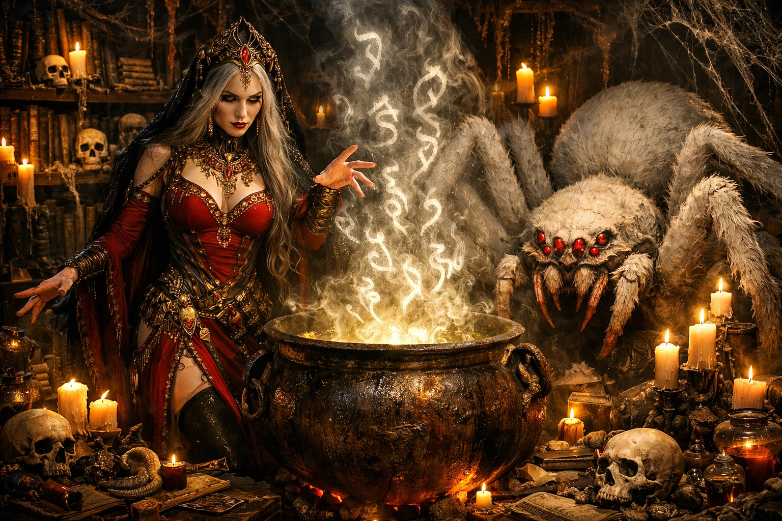 在巨大白色蜘蛛旁施展魔法的遠古女巫