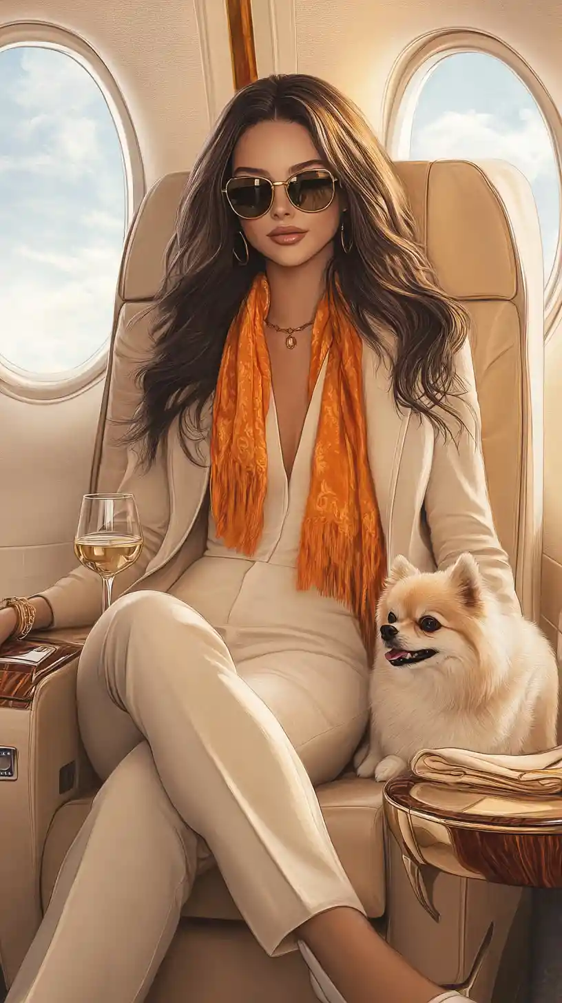 Donna elegante con cane che si rilassa sul sedile di un jet privato
