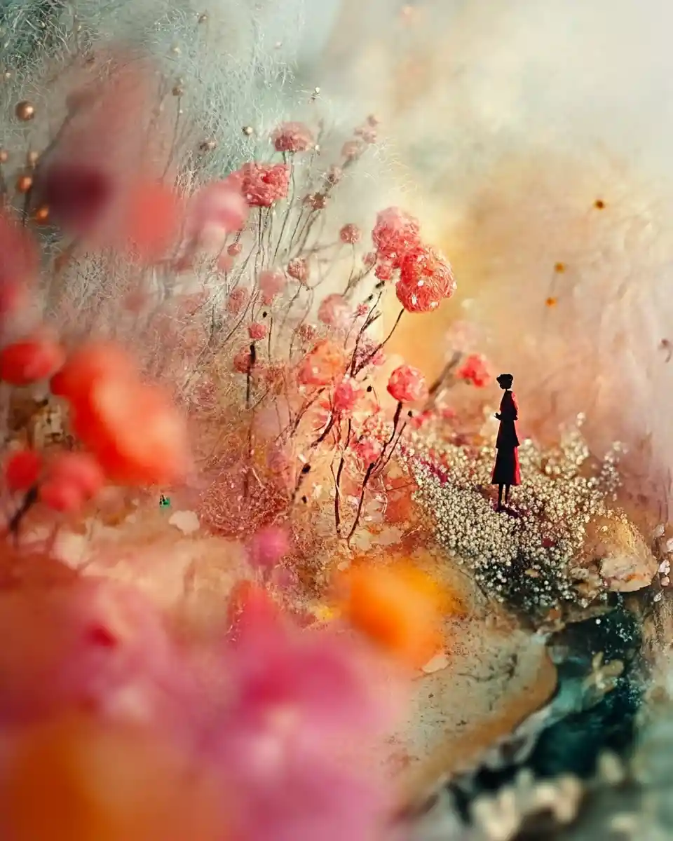 Surreal embroidered flower field in a dissolving landscape