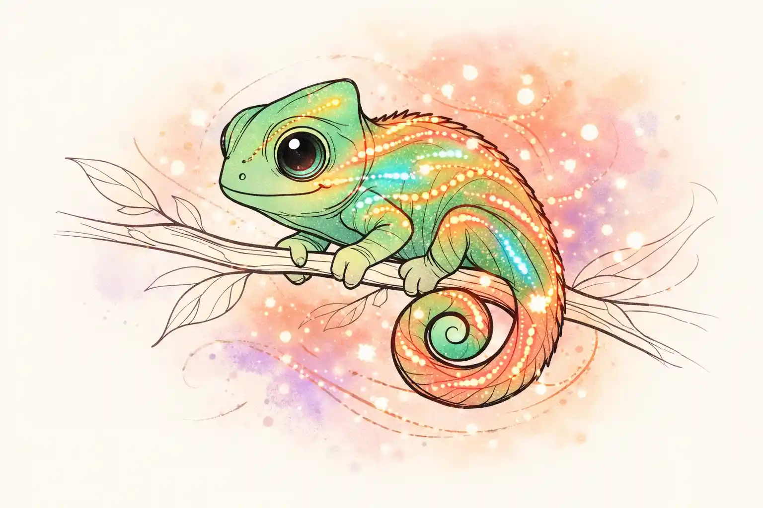 Magical baby chameleon hatchling on branch in line art