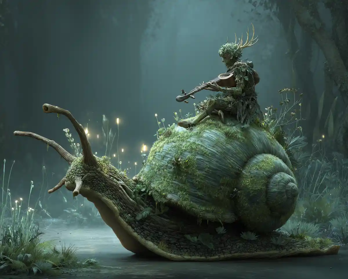Mulher fauno tocando alaúde em um caracol gigante ao amanhecer