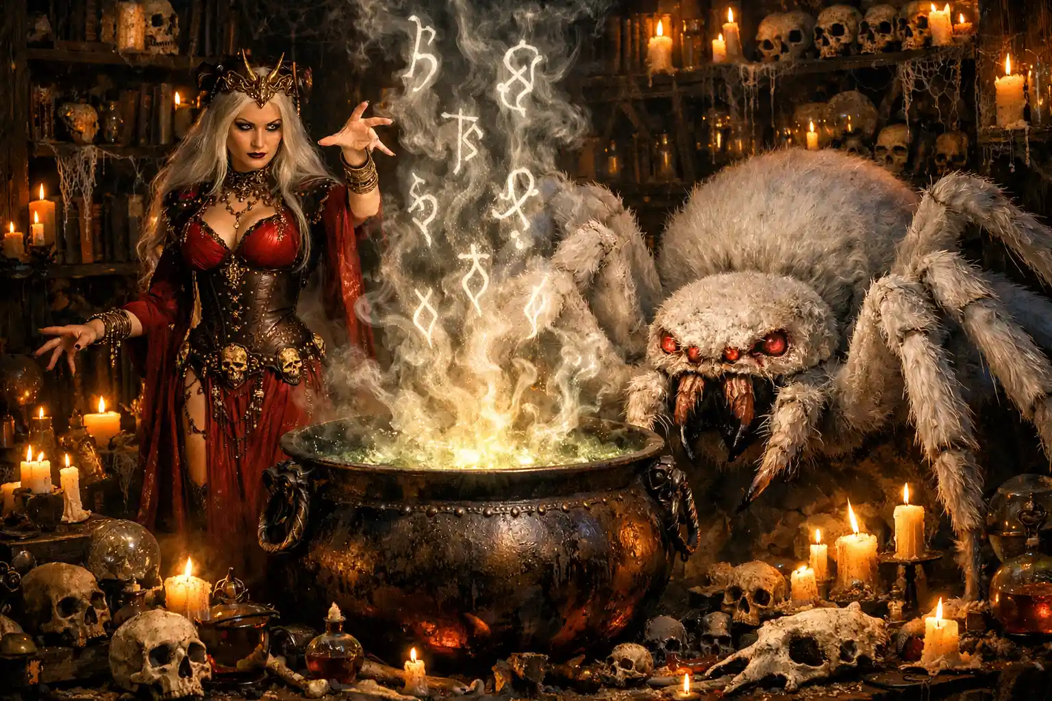 Ancient sorceress conjuring dark magic beside a giant spider