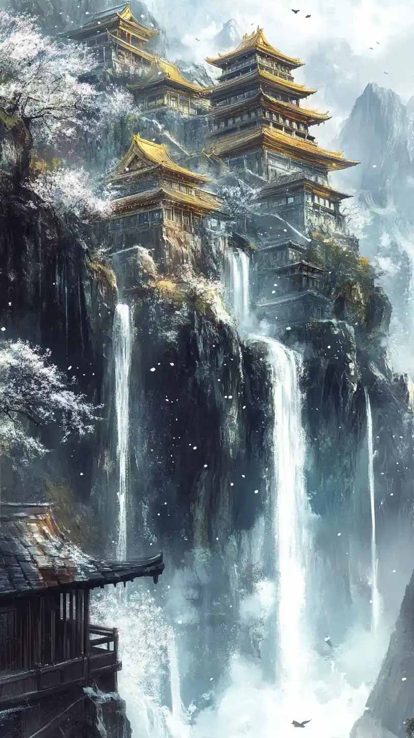 Tempio dorato a strapiombo sopra cascate e mare nebbioso