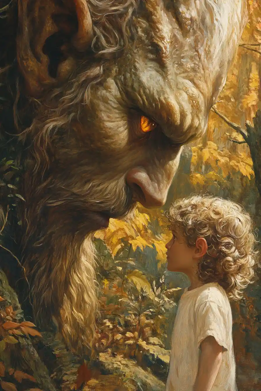 Young boy facing a gentle giant in a sunlit forest