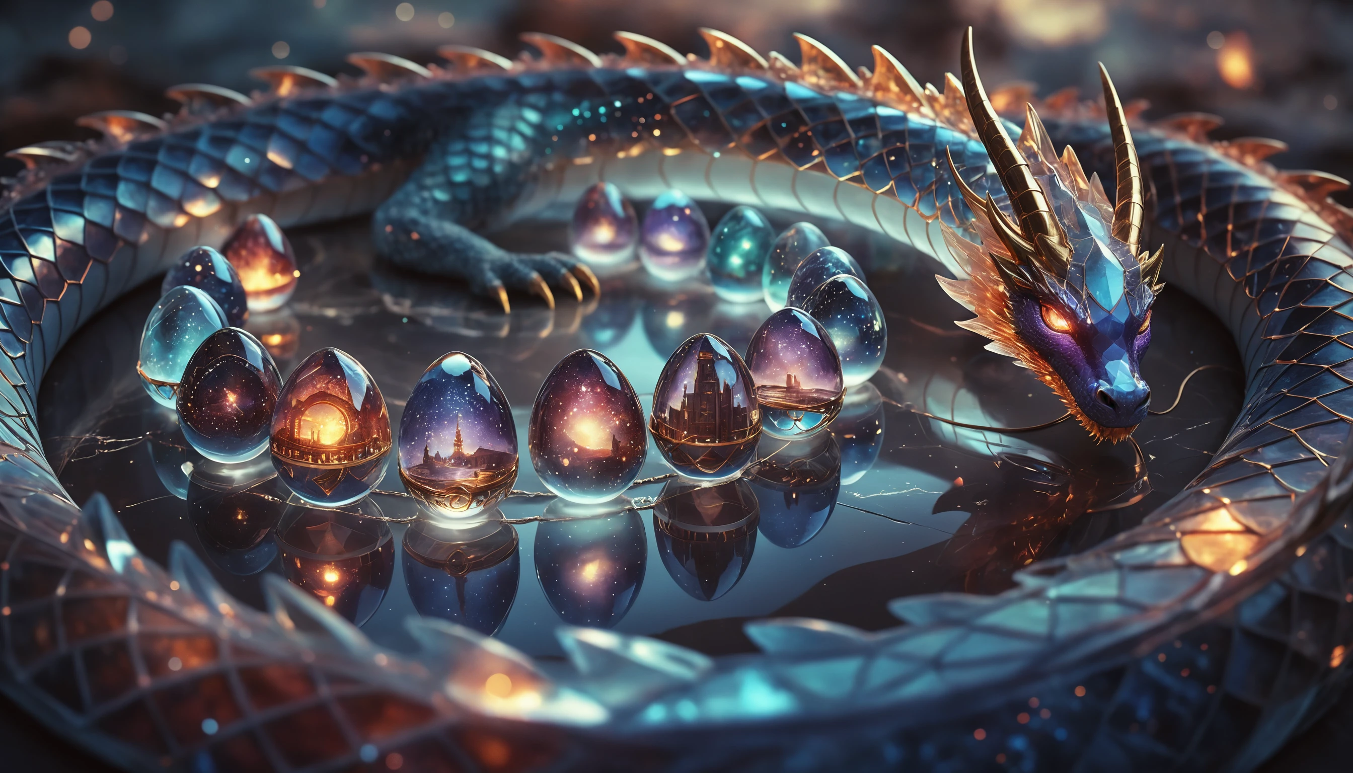 Cosmic crystal dragon god guarding radiant multiverse eggs