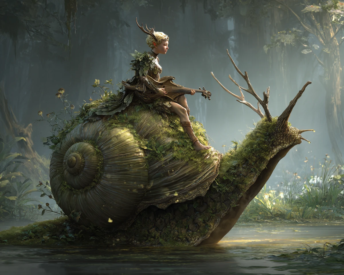 Faun woman playing a forest lute on a giant snail