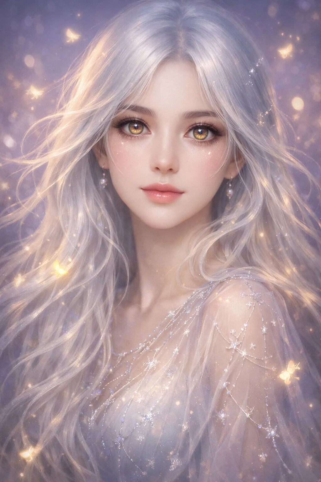 Silver haired girl in lavender twilight with glowing eyes