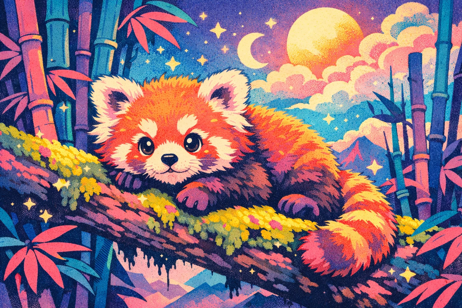 Curious baby red panda resting on mossy branch