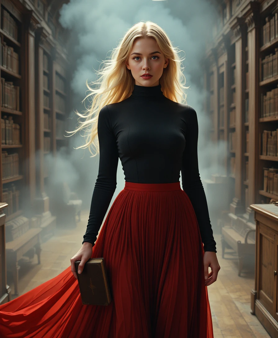Elegant blonde woman in red skirt standing in library