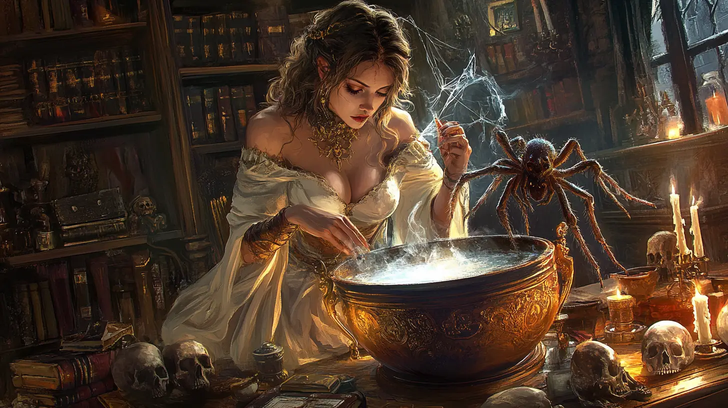 Ancient sorceress conjuring beside a cauldron in dark chamber