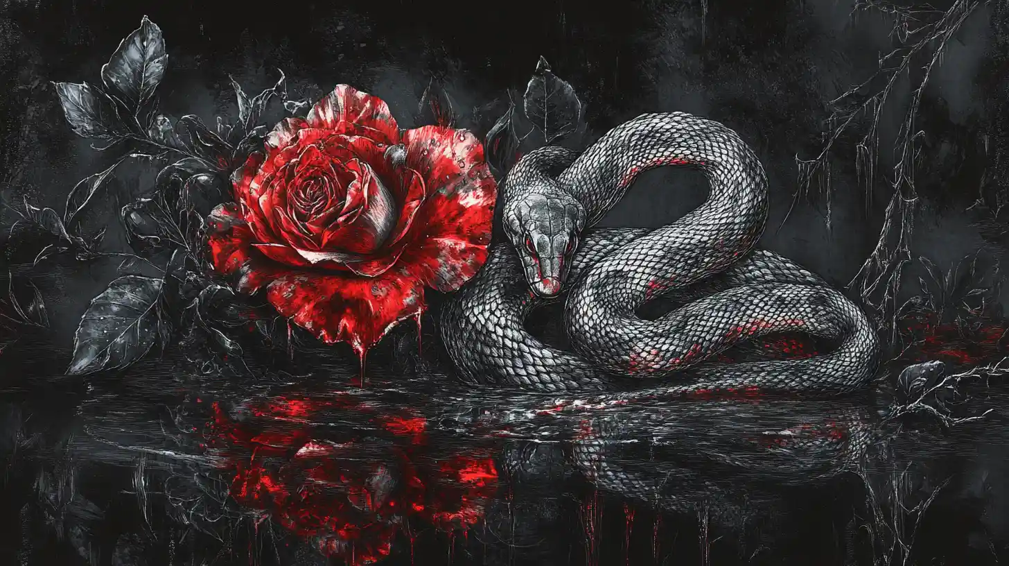 Cobra Wrapped Around Red Rose In Mystical Twilight Garden