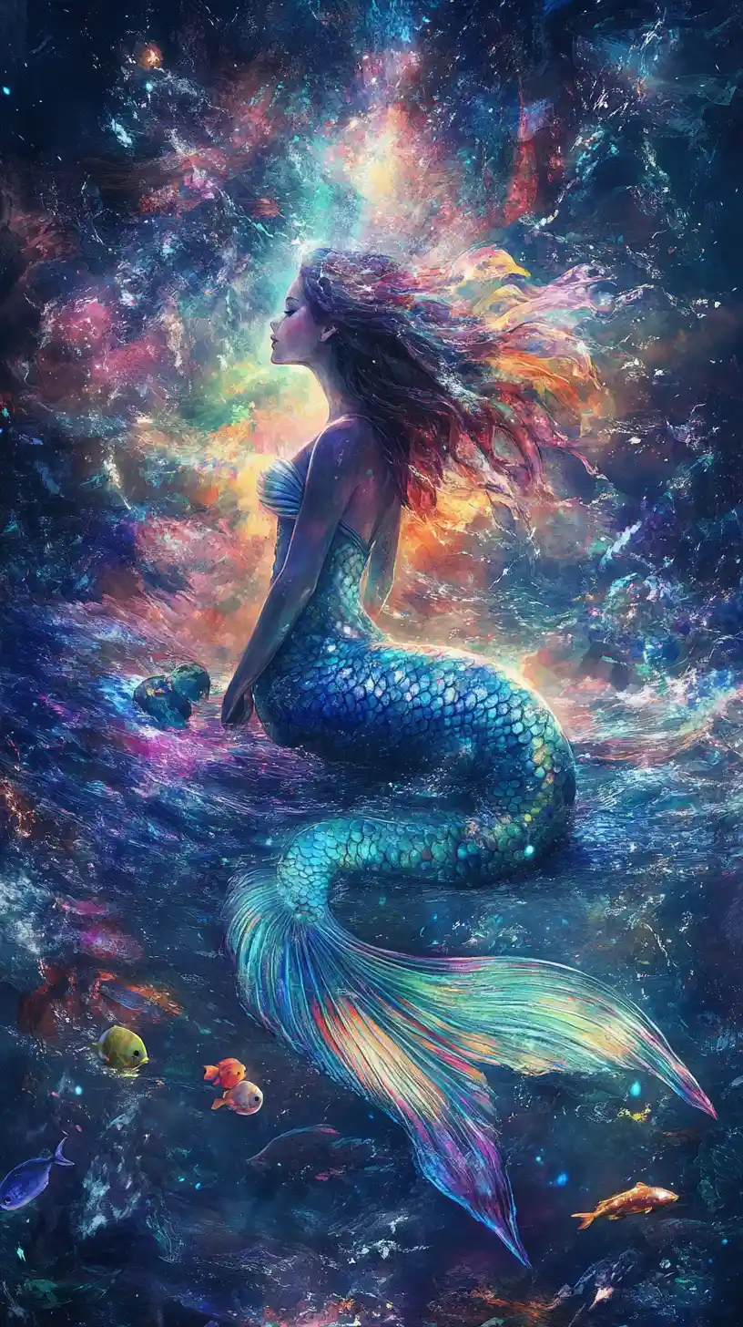 Serene mermaid with glowing eyes in a mysterious ocean