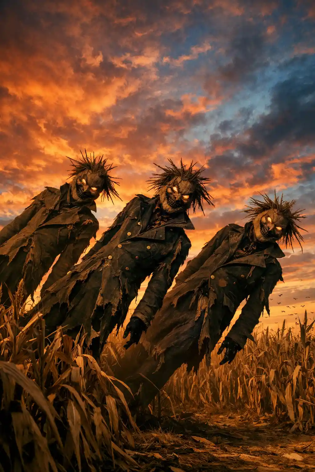 Creepy scarecrow figures leaning in a surreal cornfield sunset