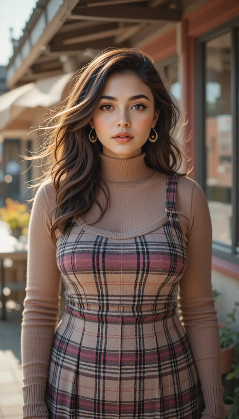 Selbstbewusste Frau im Tartan-Jumperkleid an einem sonnigen Tag